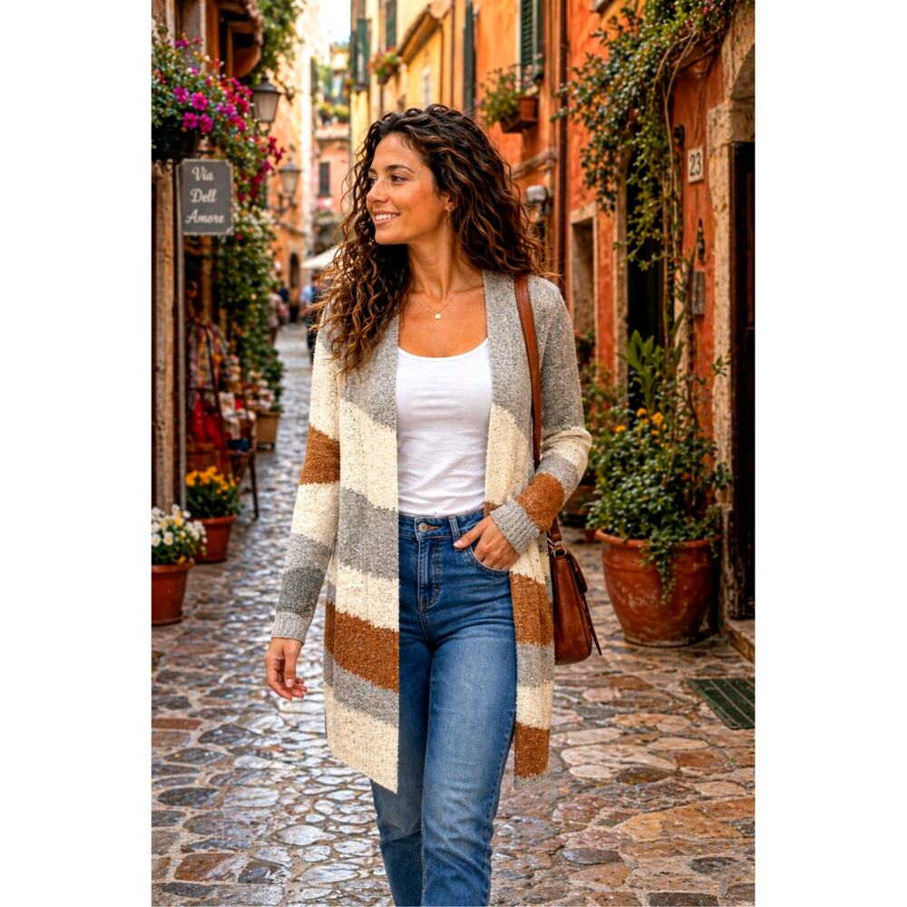 Fortune & Ivy Layla Seamless Open Cardigan Cream,Tan & Grey L